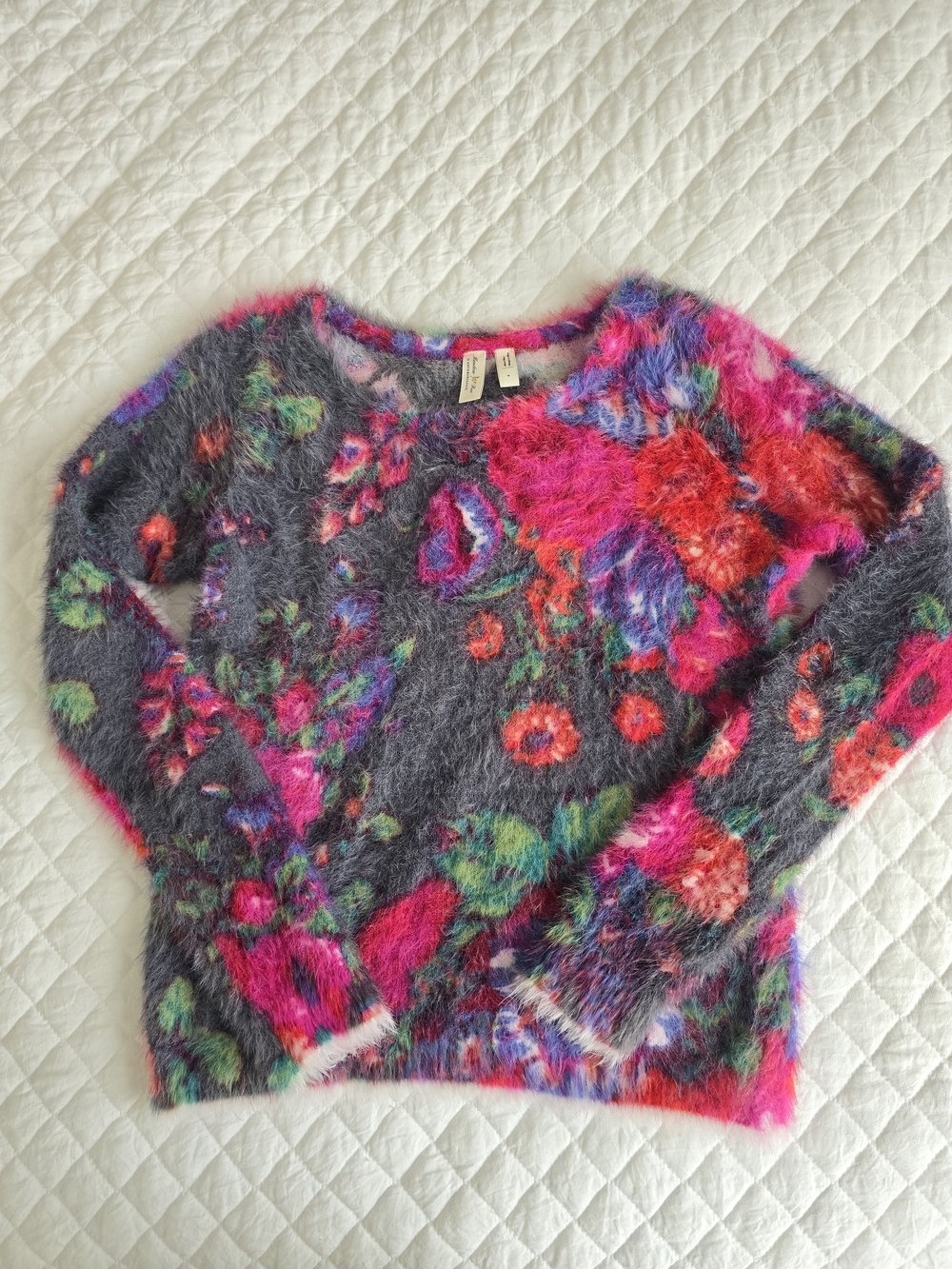 Anthropology Fuzzy Floral Crewneck Sweater - Gray, Pink & Green Sz S - Picture 8 of 9